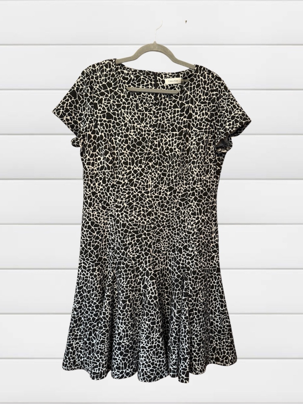 Calvin Klein Size 14 Black & Cream Fit & Flare Stretch Dress EUC